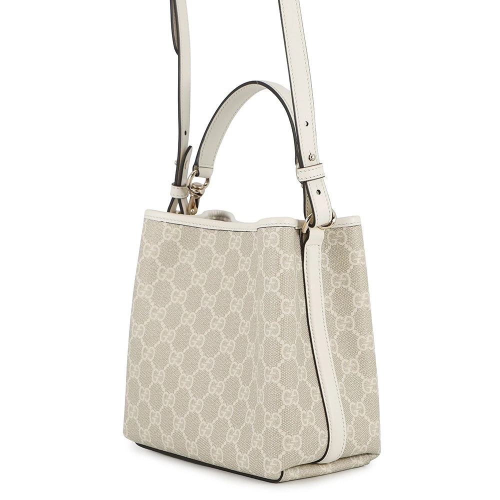 Gucci emblem white handbag bag bucket GG leather